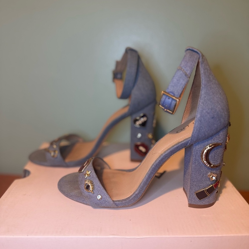 Aldo Light Blue Denim Heels with Ankle Strap and Block Heel